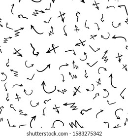 Arrow doodles vector. A set of simple sketches of arrows. Up, down, left, right ones. The effect of a pencil sketch isolated on white pattern background. Vector eps 10.