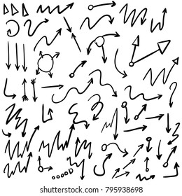 Arrow doodles vector. A set of simple sketches of arrows. Up, down, left, right ones. The effect of a pencil sketch isolated on white background.. Vector eps 10.