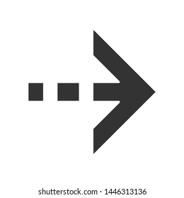 Arrow with dotted dash line glyph icon. East direction. Arrow indicating rightward. Next, forward. Navigation pointer, indicator sign. Silhouette symbol. Negative space. Vector isolated illustration