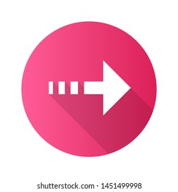 Arrow with dotted line flat design long shadow glyph icon. Rightward direction. Arrowhead pointing to right. Navigation pointer. Direction move. Indicating symbol. Vector silhouette illustration