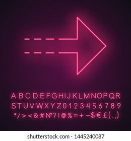 Arrow with dotted line neon light icon. Rightward direction. Arrowhead pointing to right. Navigation pointer, indicator. Glowing sign with alphabet, numbers and symbols. Vector isolated illustration