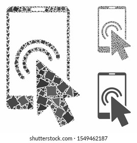 Arrow double click smartphone composition of rough items in variable sizes and color tints, based on arrow double click smartphone icon. Vector rough items are composed into illustration.