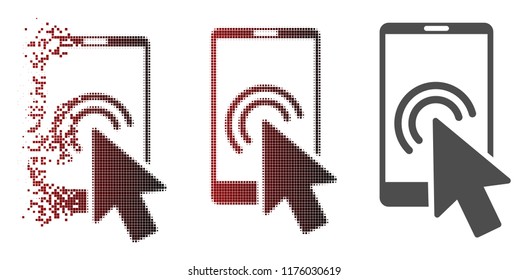 Arrow double click smartphone icon in dispersed, pixelated halftone and undamaged solid variants. Pixels are combined into vector disappearing arrow double click smartphone icon.