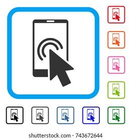 Arrow Double Click Smartphone icon. Flat grey iconic symbol inside a blue rounded square. Black, gray, green, blue, red, orange color additional versions of Arrow Double Click Smartphone vector.