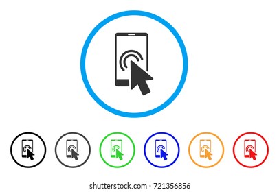 Arrow Double Click Smartphone rounded icon. Style is a flat arrow double click smartphone gray symbol inside light blue circle with black, gray, green, blue, red, orange variants.