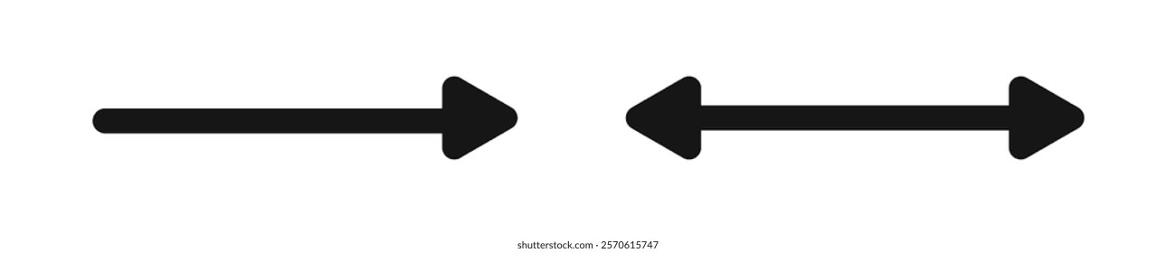 Arrow and double arrow icons. Next, look here, two sides symbols. Black horizontal pointer, direction or position, reverse or width signs isolated on white background. Vector graphic illustration.