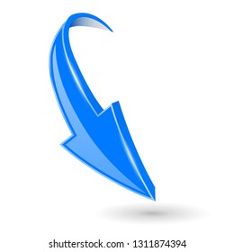 Arrow. Down blue 3d shiny sign. Vector illustration isolated on white background