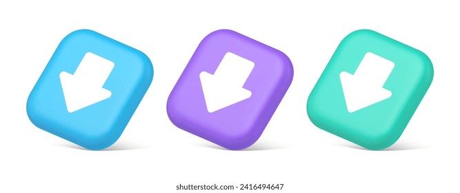 Arrow down button keyboard navigation pointer cyberspace downloading web app 3d realistic blue purple and green icons. Application user interface computer panel
