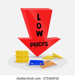 Arrow down with cartel "Low prices" coins and credit cards around