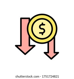 das Symbol des Münzgeldes nach unten drücken. Einfache Farbe mit umrissenen Vektorelementen für Konkurssymbole für i und ux, website oder mobile Anwendungen