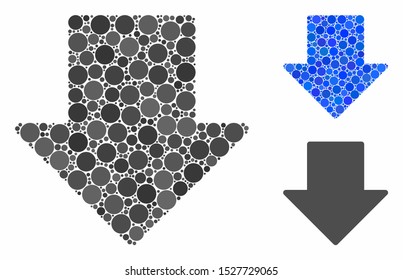 Arrow down composition of small circles in variable sizes and color tints, based on arrow down icon. Vector random circles are combined into blue composition.