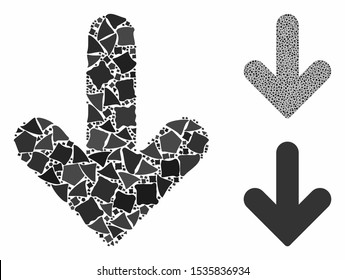 Arrow down composition of uneven pieces in various sizes and shades, based on arrow down icon. Vector irregular pieces are composed into collage. Arrow down icons collage with dotted pattern.
