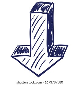 Pfeil-nach-unten-Richtung-Freehand-Cartoon-Skizze Symbol einzeln auf weißem Hintergrund. Vektorillustration
