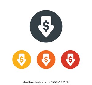 Nach unten mit Dollar-Symbol. Symbol für niedrigen Gewinn, günstig, Geschäftsausfall oder Deflation. Wirtschaftliches Konzept