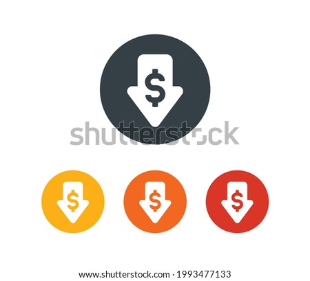Arrow down with dollar symbol. Low profit, cheap, business failure or deflation icon sign. Economic concept