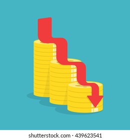 Arrow down with gold coins, idea concept. Vector illustration.