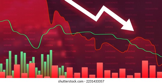 Arrow down graph on red background. Money losing. Stock crisis or finance concept