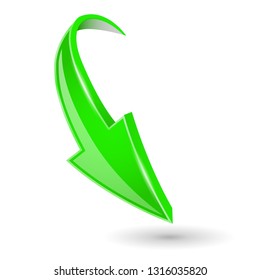 Arrow. Down green 3d shiny sign. Vector illustration isolated on white background