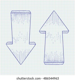 Arrow up and down. Hand drawn sketch. Vector illustration on notebook sheet background