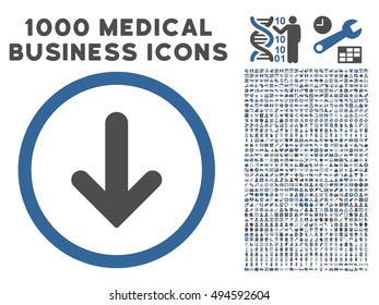 Arrow Down icon with 1000 medical business cobalt and gray vector pictograms. Design style is flat bicolor symbols, white background.
