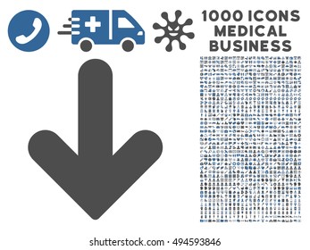 Arrow Down icon with 1000 medical commerce cobalt and gray vector pictographs. Set style is flat bicolor symbols, white background.