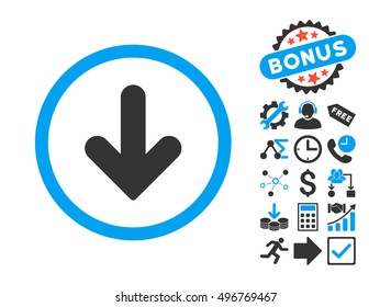 Arrow Down icon with bonus design elements. Vector illustration style is flat iconic bicolor symbols, blue and gray colors, white background.