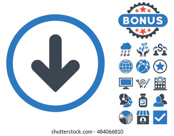 Arrow Down icon with bonus elements. Vector illustration style is flat iconic bicolor symbols, smooth blue colors, white background.