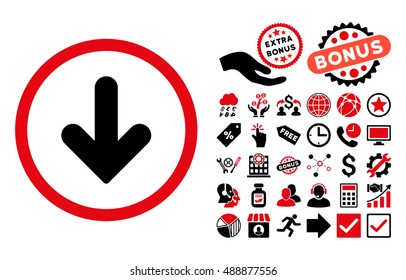 Arrow Down icon with bonus elements. Vector illustration style is flat iconic bicolor symbols, intensive red and black colors, white background.