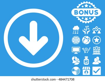 Arrow Down icon with bonus images. Vector illustration style is flat iconic symbols, white color, blue background.