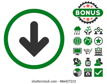 Arrow Down icon with bonus images. Vector illustration style is flat iconic bicolor symbols, green and gray colors, white background.