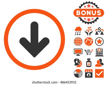 Arrow Down icon with bonus pictures. Vector illustration style is flat iconic bicolor symbols, orange and gray colors, white background.