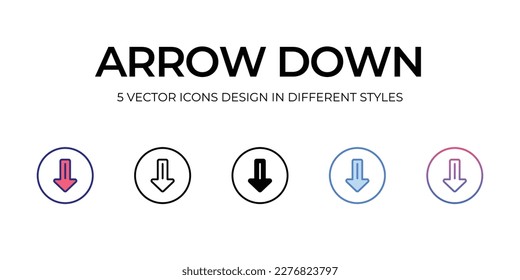 arrow down Icon Design in Five style with Editable Stroke. Line, Solid, Flat Line, Duo Tone Color, and Color Gradient Line. Suitable for Web Page, Mobile App, UI, UX and GUI design.