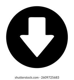 Arrow down icon illustration. White download symbol on black circle.