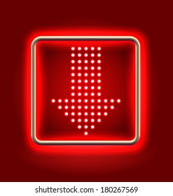 Arrow down icon over red neon shining light box