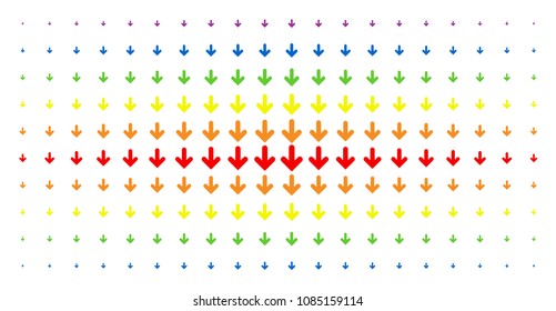 Arrow down icon spectral halftone pattern. Vector arrow down pictograms are organized into halftone grid with vertical spectrum gradient. Constructed for backgrounds, covers,