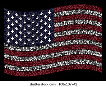 Arrow down icons are combined into waving United States flag stylization on a dark background. Vector composition of American state flag is constructed of arrow down elements.
