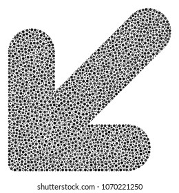 Arrow Down Left collage of circle dots in variable sizes and color tints. Circle dots are united into arrow down left vector mosaic. Dotted vector design concept.