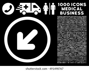 Arrow Down Left icon with 1000 medical commerce white vector pictograms. Design style is flat symbols, black background.
