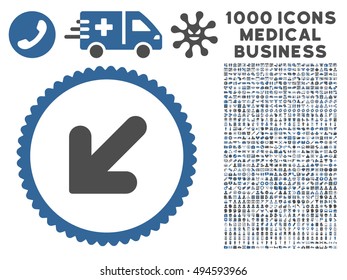 Arrow Down Left icon with 1000 medical commerce cobalt and gray vector design elements. Set style is flat bicolor symbols, white background.