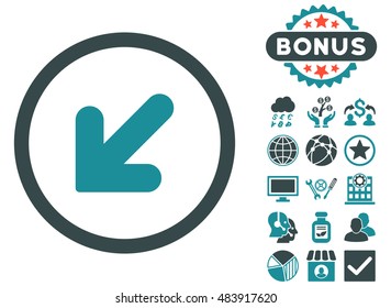 Arrow Down Left icon with bonus symbols. Vector illustration style is flat iconic bicolor symbols, soft blue colors, white background.