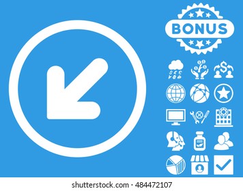 Arrow Down Left icon with bonus pictures. Vector illustration style is flat iconic symbols, white color, blue background.