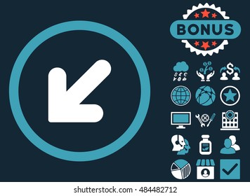 Arrow Down Left icon with bonus design elements. Vector illustration style is flat iconic bicolor symbols, blue and white colors, dark blue background.