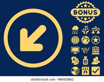 Arrow Down Left icon with bonus design elements. Vector illustration style is flat iconic symbols, yellow color, blue background.