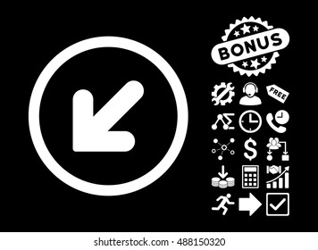Arrow Down Left icon with bonus pictograph collection. Vector illustration style is flat iconic symbols, white color, black background.