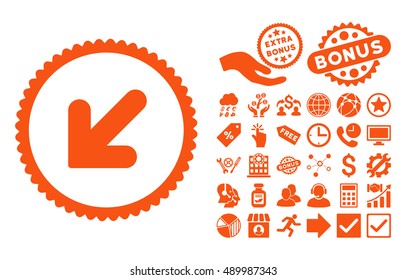 Arrow Down Left icon with bonus symbols. Vector illustration style is flat iconic symbols, orange color, white background.