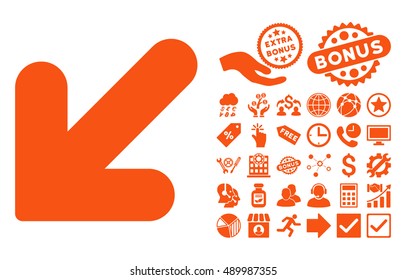Arrow Down Left icon with bonus design elements. Vector illustration style is flat iconic symbols, orange color, white background.