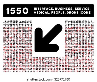 Arrow Down Left icon and other web interface, business, tools, people, medical service and awards vector symbols. Style is bicolor flat symbols, intensive red and black colors, rounded angles, white