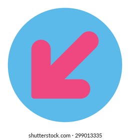 Arrow Down Left icon from Primitive Round Buttons OverColor Set. This round flat button is drawn with pink and blue colors on a white background.