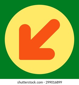 Arrow Down Left icon from Primitive Round Buttons OverColor Set. This round flat button is drawn with orange and yellow colors on a green background.