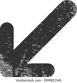 Arrow down left icon with scratched style. Isolated vector arrow down left icon image with scratched rubber texture on a white background.